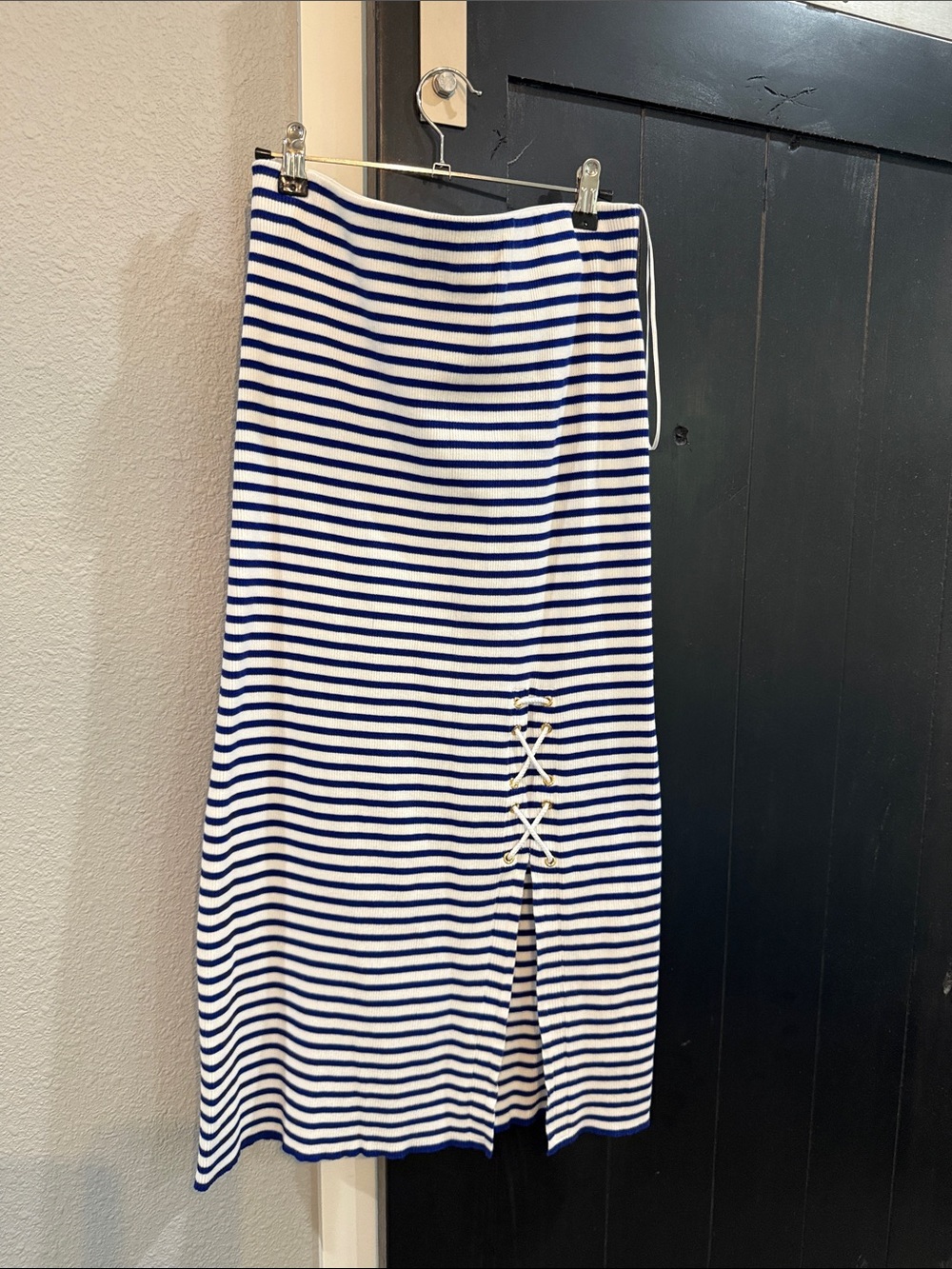 Ralph Lauren Navy and White Striped Midi Skirt with Side Lace-Up
